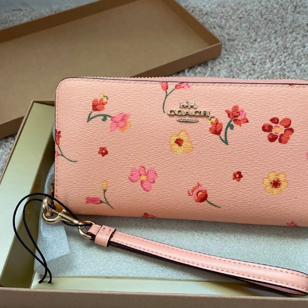 New Boxed Pink COACH Long Zip Wallet Mystical Floral Print + 2 Straps & Charm